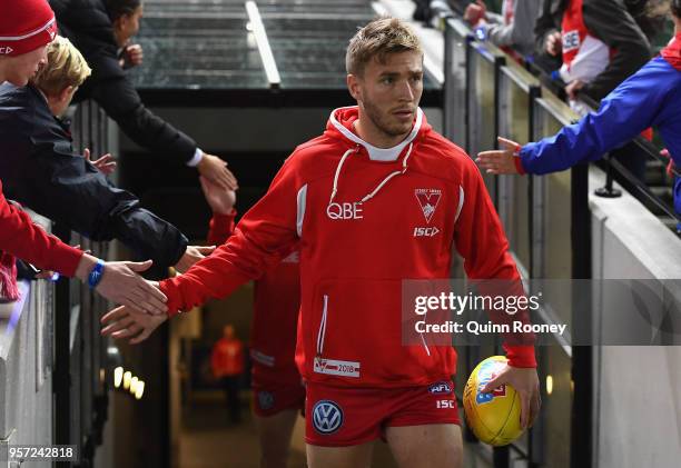 Kieren Jack of the Swans walks out onto the field during the round eight AFL match between the Hawthorn Hawks and the Sydney Swans at Melbourne...