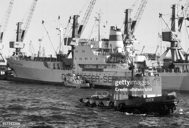 Archiv / Rostock - Überseehafen / 1980iger Jahre / Umschlag von Südfrüchten im Rostock Überseehafen / Das Kühlschiff "Gerhard Hauptmann" hat eine...