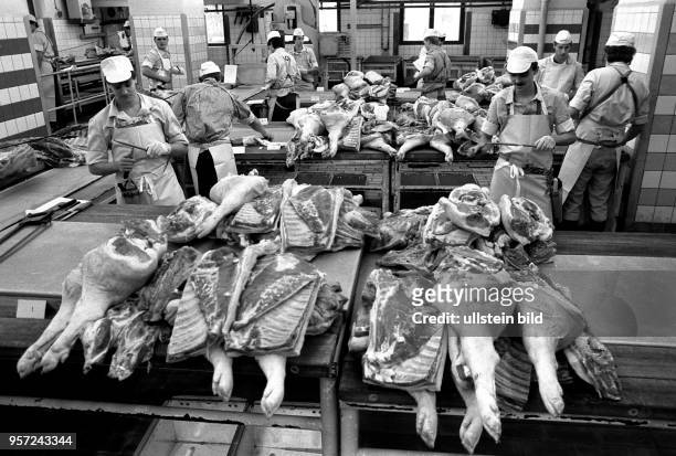Fleischerlehrlinge zerlegen zu ihrer Facharbeiterprüfung Schweinefleisch, aufgenommen im Schlachthof Dresden 1988.