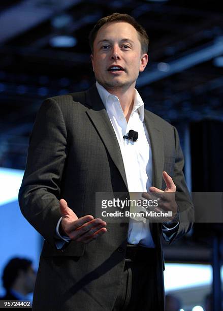 Elon Musk, Chairman, Product Architect and CEO, Tesla Motors, talks about the Model S electric vehicle during the press preview for the world...