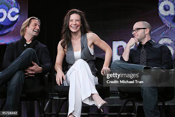 Josh Holloway, Evangeline Lilly and Damon Lindelof attend the ABC and Disney Winter Press Tour held at The Langham Resort on January 12, 2010 in...