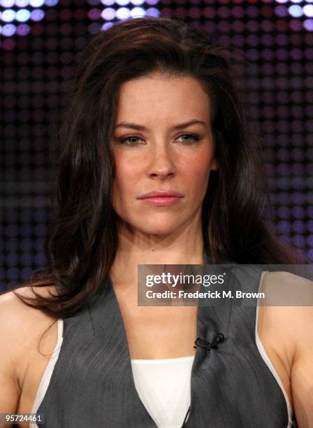 Actress Evangeline Lilly speaks onstage at the ABC 'Lost' Q&A portion of the 2010 Winter TCA Tour day 4 at the Langham Hotel on January 12, 2010 in...
