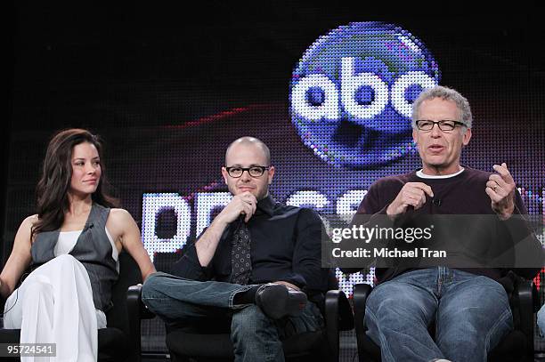 Evangeline Lilly, Damon Lindelof and Carlton Cuse attend the ABC and Disney Winter Press Tour held at The Langham Resort on January 12, 2010 in...