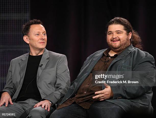 Actors Michael Emerson and Jorge Garcia speak onstage at the ABC 'Lost' Q&A portion of the 2010 Winter TCA Tour day 4 at the Langham Hotel on January...