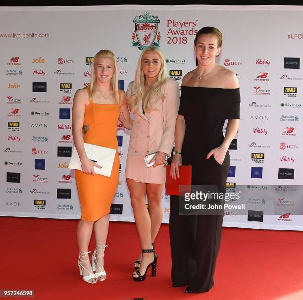 Bethany England, Alex Greenwood and Siobhan Chamberlain of Liverpool Ladies during the Player Awards at Anfield on May 10, 2018 in Liverpool, England.