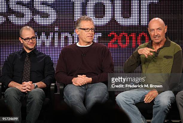 Co-creator/executive producer Damon Lindelof, executive producer Carlton Cuse and actor Terry O'Quinn speak onstage at the ABC 'Lost' Q&A portion of...