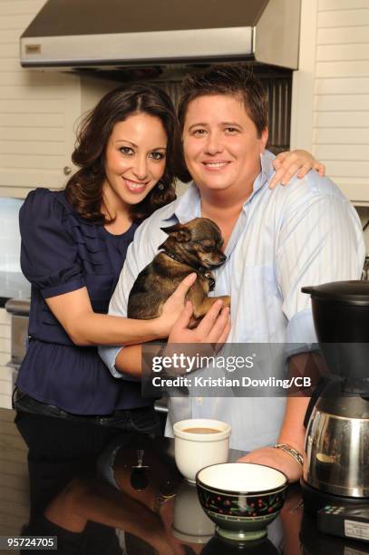 Chaz Bono and Jennifer Elia with dog Rocco during a photo shoot on October 22, 2009 in Los Angeles, Calofornia.