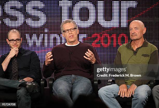 Co-creator/executive producer Damon Lindelof, executive producer Carlton Cuse and actor Terry O'Quinn speak onstage at the ABC 'Lost' Q&A portion of...