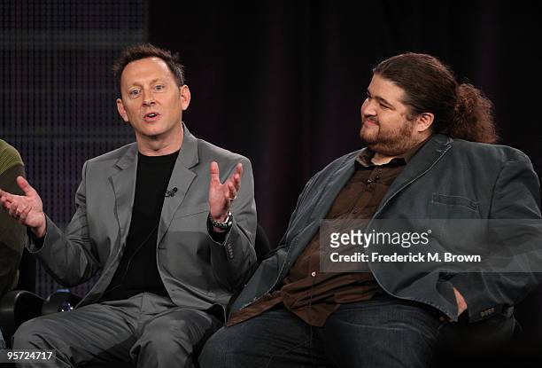 Actors Michael Emerson and Jorge Garcia speak onstage at the ABC 'Lost' Q&A portion of the 2010 Winter TCA Tour day 4 at the Langham Hotel on January...