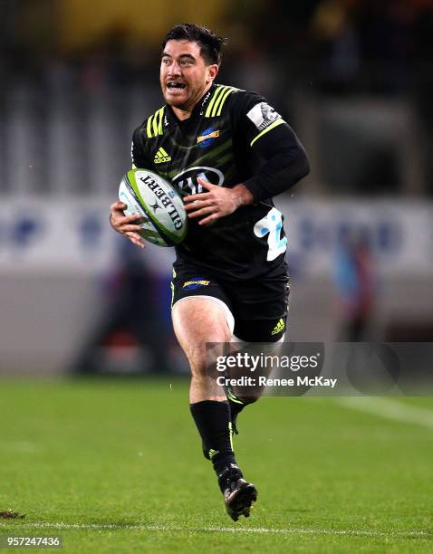 Nehe Milner-Skudder in action during the round 12 Super Rugby match between the Blues and the Hurricanes at Eden Park on May 11, 2018 in Auckland,...