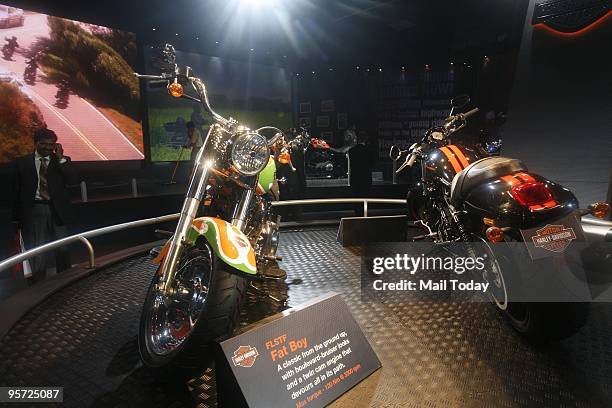 Newly launched VRSCDX night Rod special of Harley Davidson are displayed at the 10th Auto expo in New Delhi on Thursday, January 7, 2010.