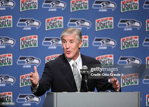 Pete Carroll answers questions at a press conference announcing his hiring as the new head coach of the Seattle Seahawks on January 12, 2010 at the...