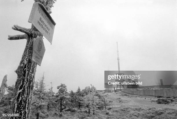 "Totalreservat Betreten verboten" steht auf einer Naturschutztafel an einem Baum im Harz am Brocken - auf der anderen Bildseite umzäunt eine Mauer...