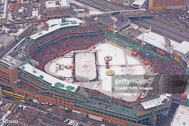 An aerial view of Fenway Park during the game between the Philadelphia Flyers and the Boston Bruins during the 2010 Bridgestone Winter Classic at...
