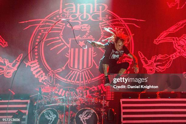 Singer Randy Blythe of Lamb of God performs on stage at Valley View Casino Center on May 10, 2018 in San Diego, California.