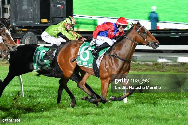 Hazard Ahead ridden by Nikita Beriman wins the Munro's IGA Sky Heights Stayers Series Heat 3 at Cranbourne Racecourse on May 11, 2018 in Cranbourne,...