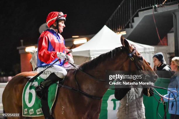 Nikita Beriman returns to the mounting yard aboard Hazard Ahead after winning the Munro's IGA Sky Heights Stayers Series Heat 3 at Cranbourne...