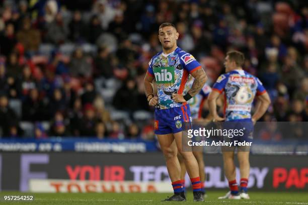 Daniel Levi of the Knights looks dejected during the round 10 NRL match between the Newcastle Knights and the Penrith Panthers at McDonald Jones...