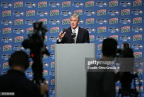 Pete Carroll answers questions at a press conference announcing his hiring as the new head coach of the Seattle Seahawks on January 12, 2010 at the...