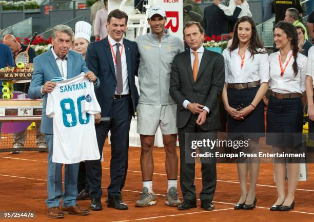 Manolo Santana, guest, Rafa Nadal and Emilio Butragueno are seen attending the Mutua Madrid Open tennis tournament at the Caja Magica on May 10, 2018...