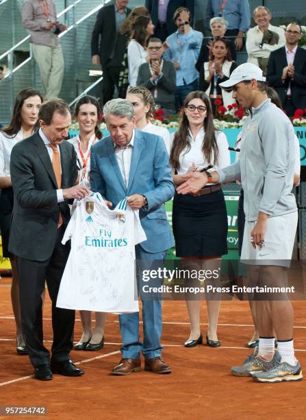 Emilio Butragueno, Manolo Santana and and Rafa Nadal are seen attending the Mutua Madrid Open tennis tournament at the Caja Magica on May 10, 2018 in...