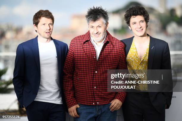French actor Pierre Deladonchamps, French director Christophe Honore and French actor Vincent Lacoste pose on May 11, 2018 during a photocall for the...
