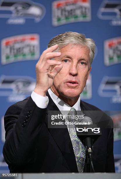 Pete Carroll answers questions at a press conference announcing his hiring as the new head coach of the Seattle Seahawks on January 12, 2010 at the...