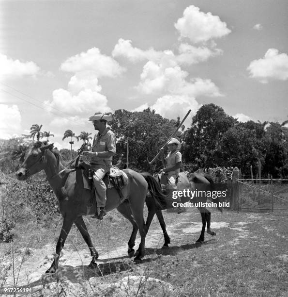 Vater und Sohn auf Pferden auf dem Weg zur Feldarbeit, aufgenommen in Kuba 1962.