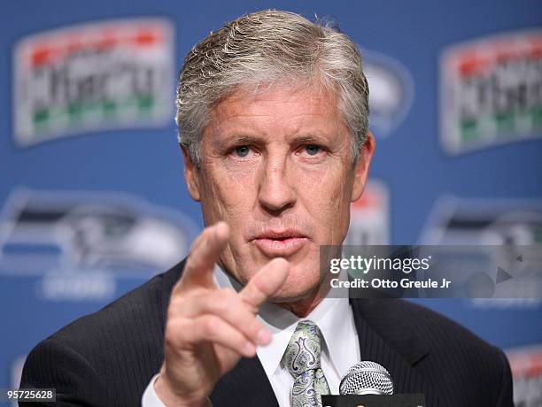 Pete Carroll answers questions at a press conference announcing his hiring as the new head coach of the Seattle Seahawks on January 12, 2010 at the...