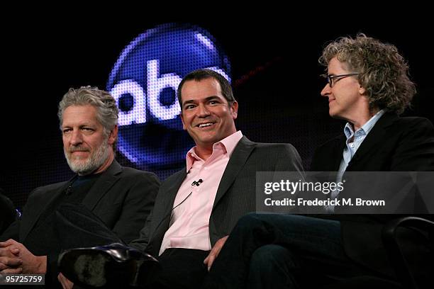 Actor Clancy Brown, executive producer David Hemingson and executive producer Jan Nash speak onstage at the ABC 'The Deep End' Q&A portion of the...