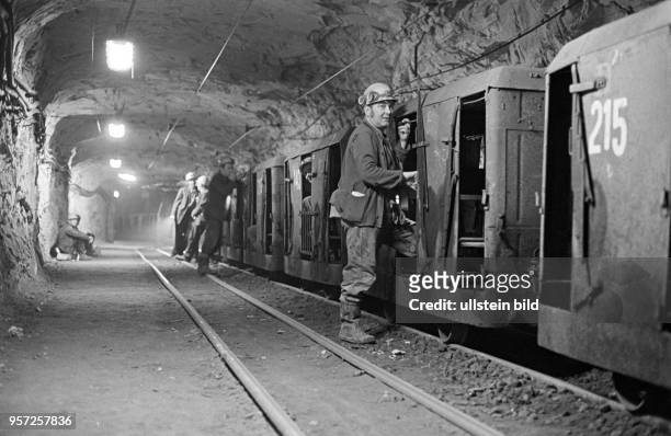 Alles einsteigen: Bergleute benutzen im Thomas-Müntzer-Schacht Sangerhausen eine Grubenbahn, aufgenommen am . Seit 1951 wird hier Kupferschiefer...