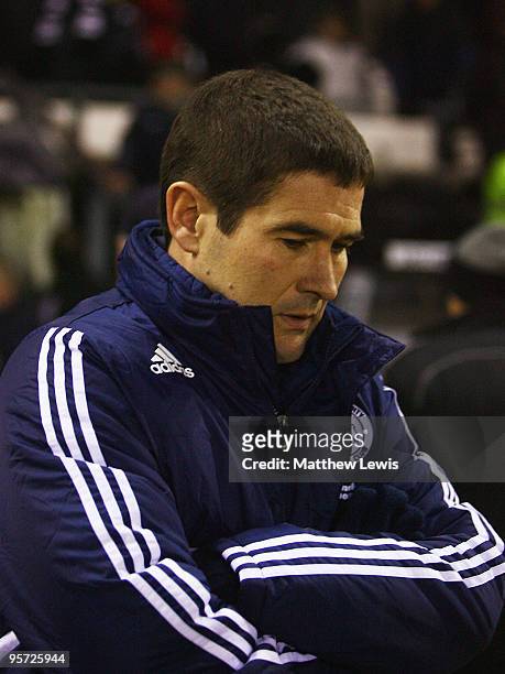 Nigel Clough, manager of Derby County looks on during the FA Cup 3rd Round Replay match between Derby County and Millwall at Pride Park on January...