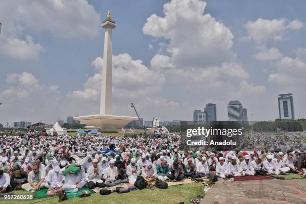 Friday Prayer at National Monument in Jakarta, Indonesia on May 11, 2018. Indonesian Muslims stage a protest to U.S. President Donald Trump plans to...