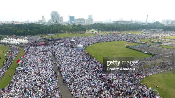 Thousand Indonesian Muslims show a support for Palestine at National Monument in Jakarta, Indonesia on May 11, 2018. Indonesian Muslims stage a...