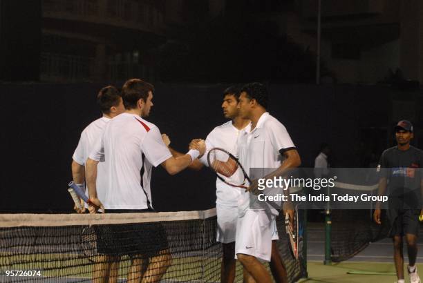 Colin Fleming and Ken Skupski of Great Britain beat Mahesh Bhupathi and Rohan Bopanna of India, 4-6, 6-2,10-2 in the Doubles Quarter finals on Day 5...