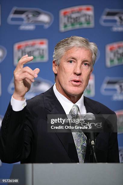 Pete Carroll answers questions at a press conference announcing his hiring as the new head coach of the Seattle Seahawks on January 12, 2010 at the...