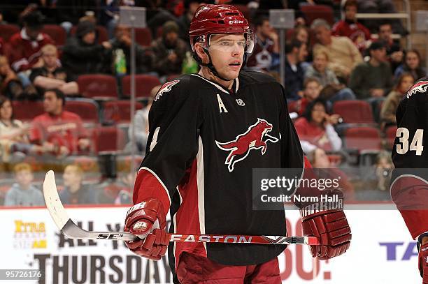 Zbynek Michalek of the Phoenix Coyotes takes a break during a stop in play against the New York Islanders on January 9, 2010 at Jobing.com Arena in...