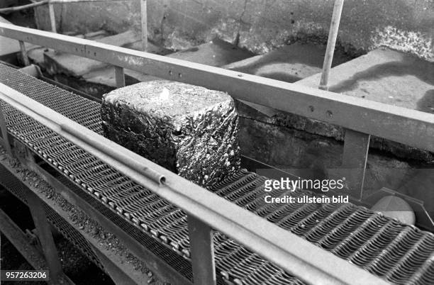Ein in Form gebrachter Schlackenstein auf einem Förderband der August-Bebel-Hütte Helbra , aufgenommen am . In der zum Mansfeld Kombinat gehörenden...