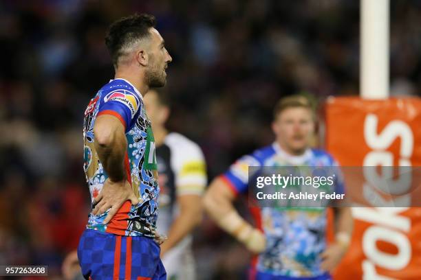 Brock Lamb of the Knights looks on during the round 10 NRL match between the Newcastle Knights and the Penrith Panthers at McDonald Jones Stadium on...