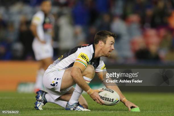 James Maloney of the Panthers lines up for a conversion during the round 10 NRL match between the Newcastle Knights and the Penrith Panthers at...