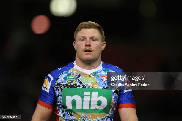 Luke Yates of the Knights looks dejected during the round 10 NRL match between the Newcastle Knights and the Penrith Panthers at McDonald Jones...