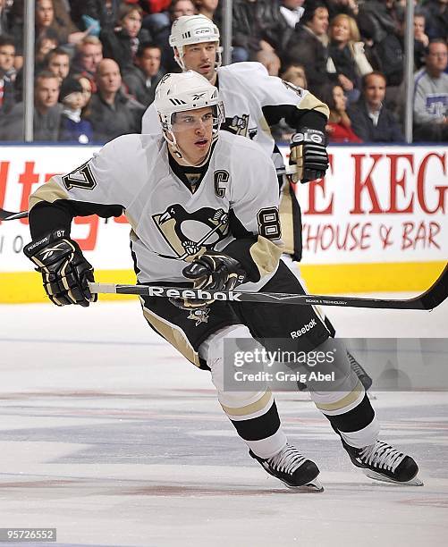 Sidney Crosby of the Pittsburgh Penguins skates during game action against the Toronto Maple Leafs January 9, 2010 at the Air Canada Centre in...