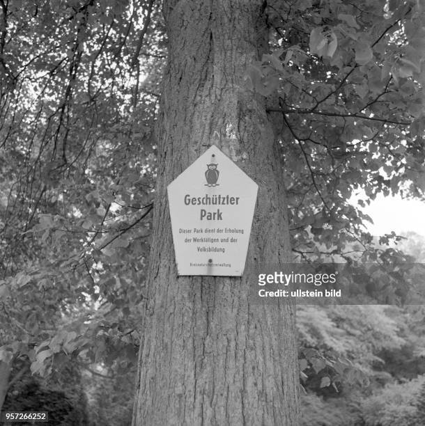 An einem Baum im Park von Putbus auf der Insel Rügen ist eine Tafel mit einer Eule und dem Schriftzug "Geschützter Park - dieser Park dient der...