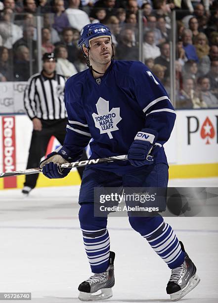 Ian White of the Toronto Maple Leafs skates up the ice during game action against the Pittsburgh Penguins January 9, 2010 at the Air Canada Centre in...