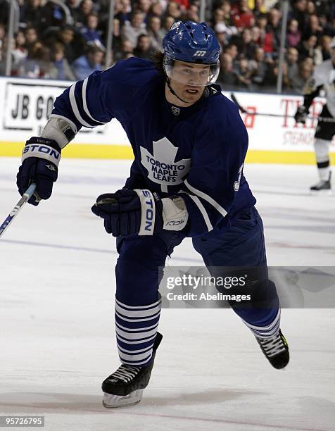 Garnet Exelby of the Toronto Maple Leafs skates up the ice during game action against the Pittsburgh Penguins January 9, 2010 at the Air Canada...