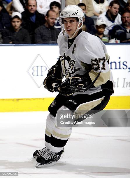 Sidney Crosby of the Pittsburgh Penguins skates up the ice during game action against the Toronto Maple Leafs January 9, 2010 at the Air Canada...