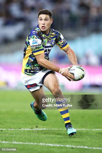 Mitchell Moses of the Eels runs the ball during the round 10 NRL match between the Canterbury Bulldogs and the Parramatta Eels at ANZ Stadium on May...