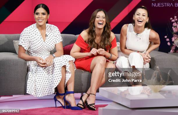 Francisca Lachapel, Aleyda Ortiz and Nastassja Bolivar are seen during Facebook Live: Nuestra Belleza Latina reunion at Univision's Newsport Studios...