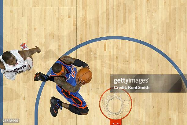 Larry Hughes of the New York Knicks puts up a shot against Raymond Felton of the Charlotte Bobcats during the game on December 15, 2009 at Time...