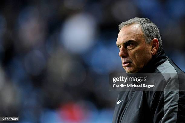 Avram Grant the Portsmouth manager looks on during the FA Cup sponsored by E.ON 3rd round replay match between Coventry City and Portsmouth at the...